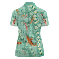 Green Palaka Hawaiian And Japanese Women Polo Shirt Sakura Lei With Koi Fish DT05 - Polynesian Pride