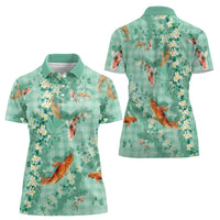 Green Palaka Hawaiian And Japanese Women Polo Shirt Sakura Lei With Koi Fish DT05 - Polynesian Pride