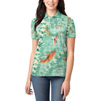 Green Palaka Hawaiian And Japanese Women Polo Shirt Sakura Lei With Koi Fish - Polynesian Pride