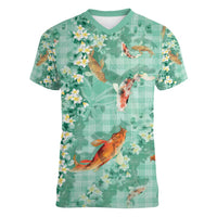 Green Palaka Hawaiian And Japanese Women V-Neck T-Shirt Sakura Lei With Koi Fish - Polynesian Pride