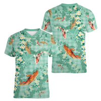Green Palaka Hawaiian And Japanese Women V-Neck T-Shirt Sakura Lei With Koi Fish DT05 - Polynesian Pride