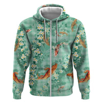 Green Palaka Hawaiian And Japanese Zip Hoodie Sakura Lei With Koi Fish - Polynesian Pride