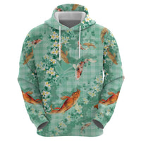 Green Palaka Hawaiian And Japanese Zip Hoodie Sakura Lei With Koi Fish - Polynesian Pride