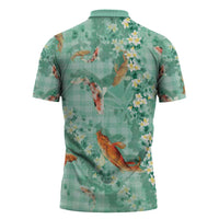 Green Palaka Hawaiian And Japanese Zipper Polo Shirt Sakura Lei With Koi Fish - Polynesian Pride