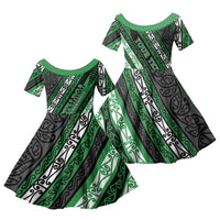 Personalised Aotearoa Ngati Maniapoto Family Matching Off The Shoulder Long Sleeve Dress and Hawaiian Shirt New Zealand Maori Tribal Fern Pattern