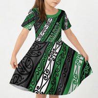 Personalised Aotearoa Ngati Maniapoto Kid Short Sleeve Dress New Zealand Maori Tribal Fern Pattern
