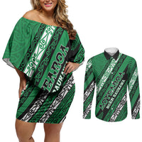 Personalised Aotearoa Ngati Raukawa Couples Matching Off Shoulder Short Dress and Long Sleeve Button Shirt New Zealand Maori Tribal Fern Pattern
