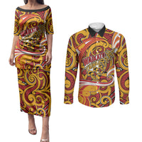 Custom Aotearoa Waikato Tainui Couples Matching Puletasi and Long Sleeve Button Shirt Maori Tribal Pattern Koru Motif