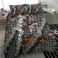 Black Palaka Hawaiian And Japanese Bedding Set Sakura Lei With Koi Fish - Polynesian Pride