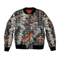 Black Palaka Hawaiian And Japanese Bomber Jacket Sakura Lei With Koi Fish - Polynesian Pride