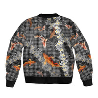 Black Palaka Hawaiian And Japanese Bomber Jacket Sakura Lei With Koi Fish - Polynesian Pride