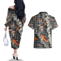 Black Palaka Hawaiian And Japanese Couples Matching Off The Shoulder Long Sleeve Dress and Hawaiian Shirt Sakura Lei With Koi Fish - Polynesian Pride