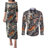 Black Palaka Hawaiian And Japanese Couples Matching Puletasi and Long Sleeve Button Shirt Sakura Lei With Koi Fish - Polynesian Pride
