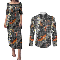 Black Palaka Hawaiian And Japanese Couples Matching Puletasi and Long Sleeve Button Shirt Sakura Lei With Koi Fish DT05 Black - Polynesian Pride