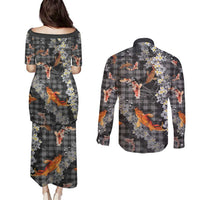 Black Palaka Hawaiian And Japanese Couples Matching Puletasi and Long Sleeve Button Shirt Sakura Lei With Koi Fish - Polynesian Pride