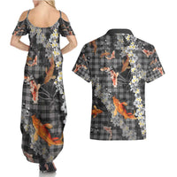 Black Palaka Hawaiian And Japanese Couples Matching Summer Maxi Dress and Hawaiian Shirt Sakura Lei With Koi Fish - Polynesian Pride