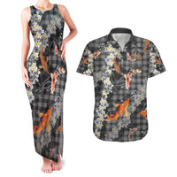 Black Palaka Hawaiian And Japanese Couples Matching Tank Maxi Dress and Hawaiian Shirt Sakura Lei With Koi Fish - Polynesian Pride