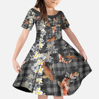 Black Palaka Hawaiian And Japanese Family Matching Long Sleeve Bodycon Dress and Hawaiian Shirt Sakura Lei With Koi Fish DT05 Daughter's Dress Black - Polynesian Pride