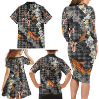 Black Palaka Hawaiian And Japanese Family Matching Long Sleeve Bodycon Dress and Hawaiian Shirt Sakura Lei With Koi Fish DT05 - Polynesian Pride
