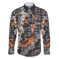 Black Palaka Hawaiian And Japanese Family Matching Off The Shoulder Long Sleeve Dress and Hawaiian Shirt Sakura Lei With Koi Fish - Polynesian Pride