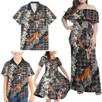 Black Palaka Hawaiian And Japanese Family Matching Off Shoulder Maxi Dress and Hawaiian Shirt Sakura Lei With Koi Fish - Polynesian Pride