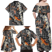 Black Palaka Hawaiian And Japanese Family Matching Off Shoulder Maxi Dress and Hawaiian Shirt Sakura Lei With Koi Fish DT05 - Polynesian Pride
