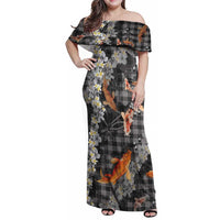 Black Palaka Hawaiian And Japanese Family Matching Off Shoulder Maxi Dress and Hawaiian Shirt Sakura Lei With Koi Fish DT05 Mom's Dress Black - Polynesian Pride