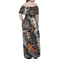 Black Palaka Hawaiian And Japanese Family Matching Off Shoulder Maxi Dress and Hawaiian Shirt Sakura Lei With Koi Fish - Polynesian Pride