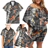 Black Palaka Hawaiian And Japanese Family Matching Off Shoulder Short Dress and Hawaiian Shirt Sakura Lei With Koi Fish DT05 - Polynesian Pride