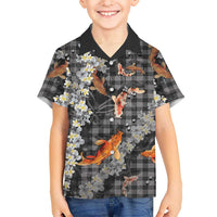 Black Palaka Hawaiian And Japanese Family Matching Off Shoulder Short Dress and Hawaiian Shirt Sakura Lei With Koi Fish DT05 Son's Shirt Black - Polynesian Pride
