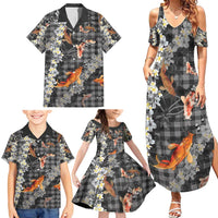 Black Palaka Hawaiian And Japanese Family Matching Summer Maxi Dress and Hawaiian Shirt Sakura Lei With Koi Fish - Polynesian Pride