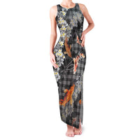 Black Palaka Hawaiian And Japanese Family Matching Tank Maxi Dress and Hawaiian Shirt Sakura Lei With Koi Fish DT05 Mom's Dress Black - Polynesian Pride
