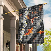 Black Palaka Hawaiian And Japanese Garden Flag Sakura Lei With Koi Fish - Polynesian Pride
