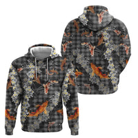 Black Palaka Hawaiian And Japanese Hoodie Sakura Lei With Koi Fish - Polynesian Pride