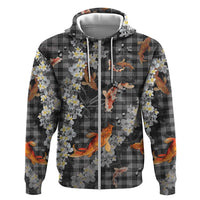Black Palaka Hawaiian And Japanese Hoodie Sakura Lei With Koi Fish - Polynesian Pride