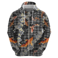 Black Palaka Hawaiian And Japanese Hoodie Sakura Lei With Koi Fish - Polynesian Pride
