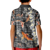 Black Palaka Hawaiian And Japanese Kid Polo Shirt Sakura Lei With Koi Fish - Polynesian Pride