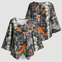 Black Palaka Hawaiian And Japanese Kimono Sleeve Blouse Sakura Lei With Koi Fish - Polynesian Pride