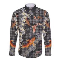 Black Palaka Hawaiian And Japanese Long Sleeve Button Shirt Sakura Lei With Koi Fish - Polynesian Pride