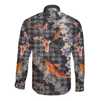 Black Palaka Hawaiian And Japanese Long Sleeve Button Shirt Sakura Lei With Koi Fish - Polynesian Pride