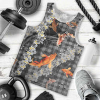 Black Palaka Hawaiian And Japanese Men Tank Top Sakura Lei With Koi Fish - Polynesian Pride
