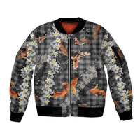 Black Palaka Hawaiian And Japanese Sleeve Zip Bomber Jacket Sakura Lei With Koi Fish - Polynesian Pride