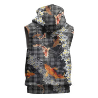 Black Palaka Hawaiian And Japanese Sleeveless Hoodie Sakura Lei With Koi Fish - Polynesian Pride