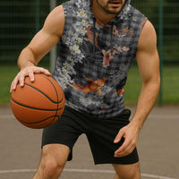 Black Palaka Hawaiian And Japanese Sleeveless Hoodie Sakura Lei With Koi Fish - Polynesian Pride