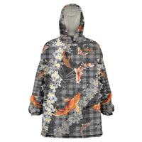 Black Palaka Hawaiian And Japanese Wearable Blanket Hoodie Sakura Lei With Koi Fish - Polynesian Pride