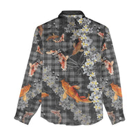 Black Palaka Hawaiian And Japanese Women Casual Shirt Sakura Lei With Koi Fish - Polynesian Pride