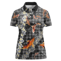 Black Palaka Hawaiian And Japanese Women Polo Shirt Sakura Lei With Koi Fish DT05 Female Black - Polynesian Pride