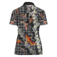 Black Palaka Hawaiian And Japanese Women Polo Shirt Sakura Lei With Koi Fish - Polynesian Pride
