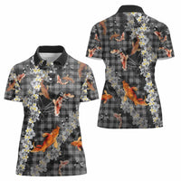 Black Palaka Hawaiian And Japanese Women Polo Shirt Sakura Lei With Koi Fish - Polynesian Pride