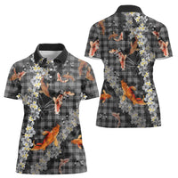 Black Palaka Hawaiian And Japanese Women Polo Shirt Sakura Lei With Koi Fish DT05 - Polynesian Pride
